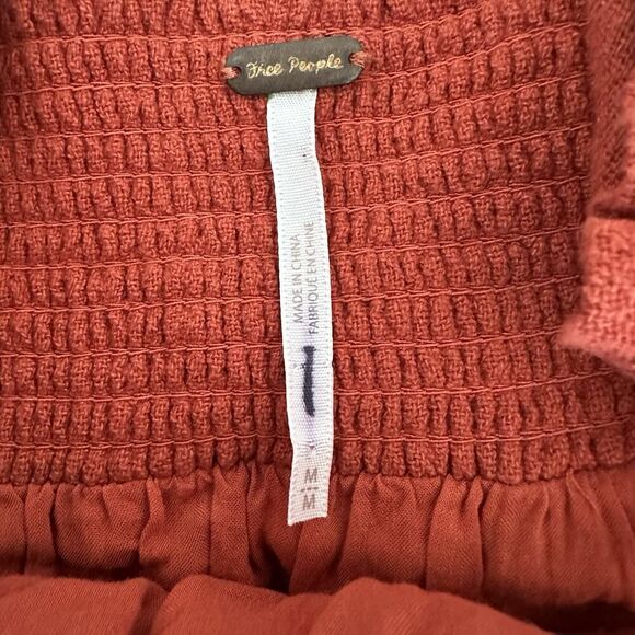 Free People Babydoll Dress Medium Boho Chic Peasant Smocked Coastal Burnt Orange - Picture 4 of 5